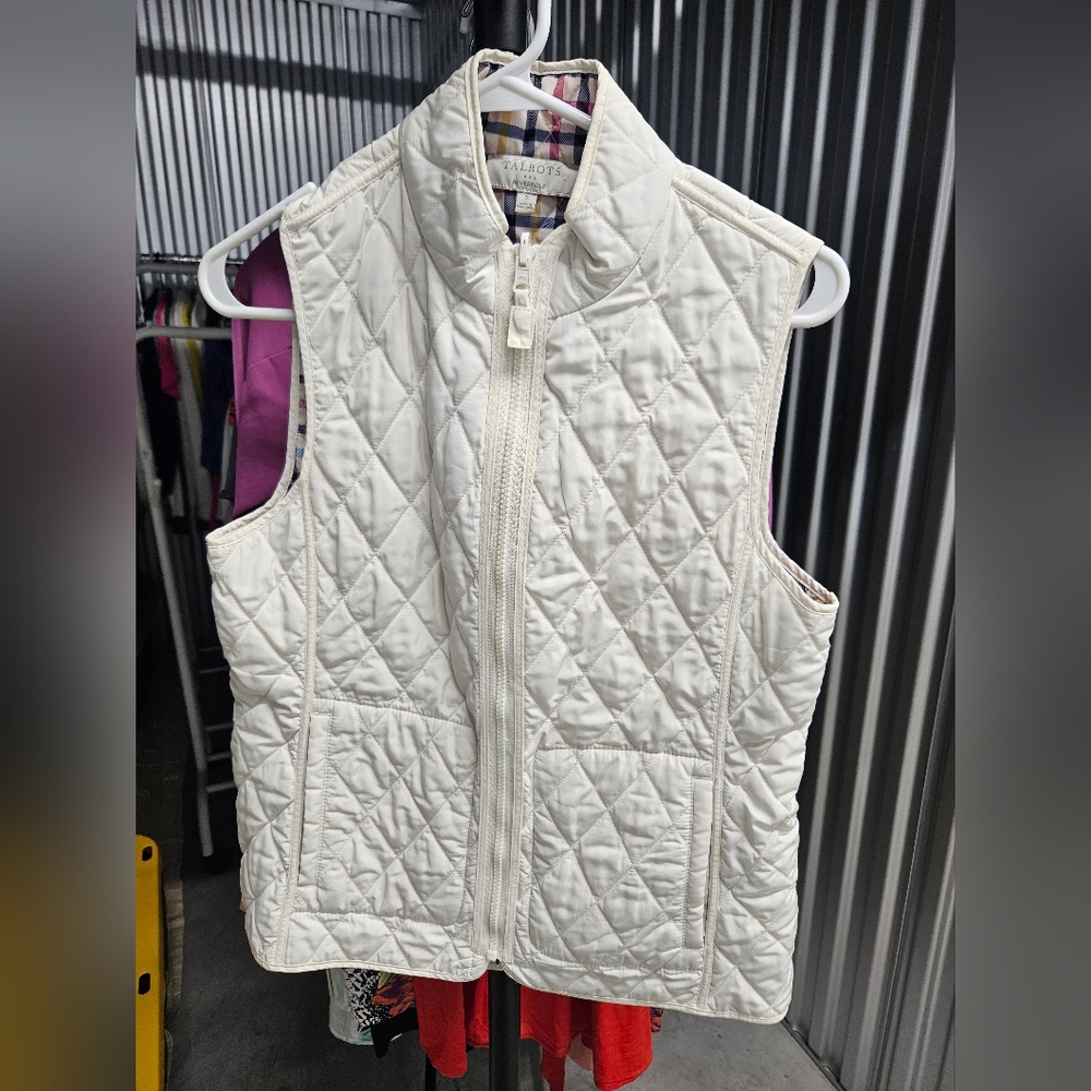 Women' Talbots Quilted Vest - Reversible White & Multi Color Plaid Size Small